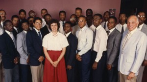 The first cohort of Meyerhoff Scholars, pictured with Mr. Meyerhoff (right) and Susan Boyer (center), former director of the Meyerhoff Scholarship Program